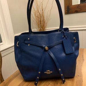 Coach Sea Blue Refined Pebble Leather Tie Turnlock Tote Shoulder Bag #35160